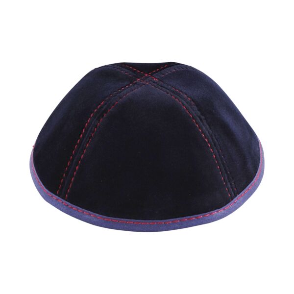 Navy Velvet with 4 Way Red Stiching Yarmulka Thumbnail