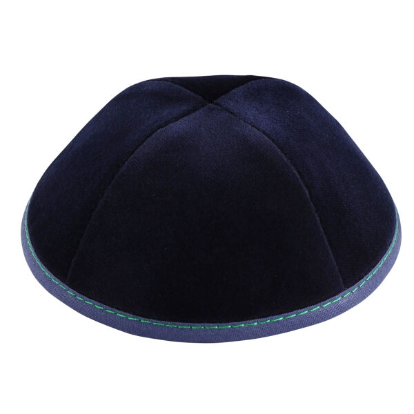 TSC - Navy Velvet with Green Stitching Yarmulka Thumbnail