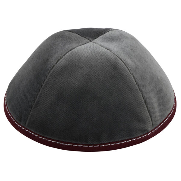 TSC - Light Grey Velvet with Maroon Rim & Grey Stitiching Yarmulka Thumbnail